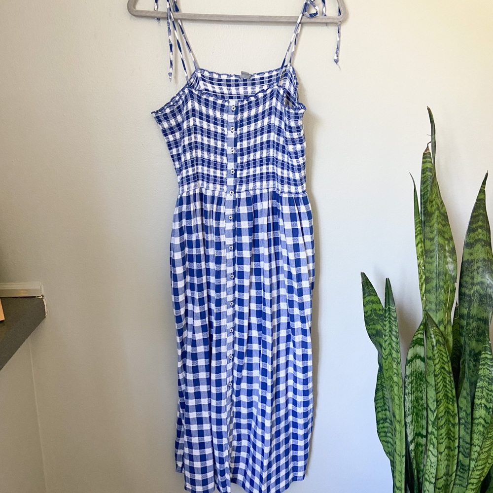 Blue Gingham Dress with Pockets and Tie Straps